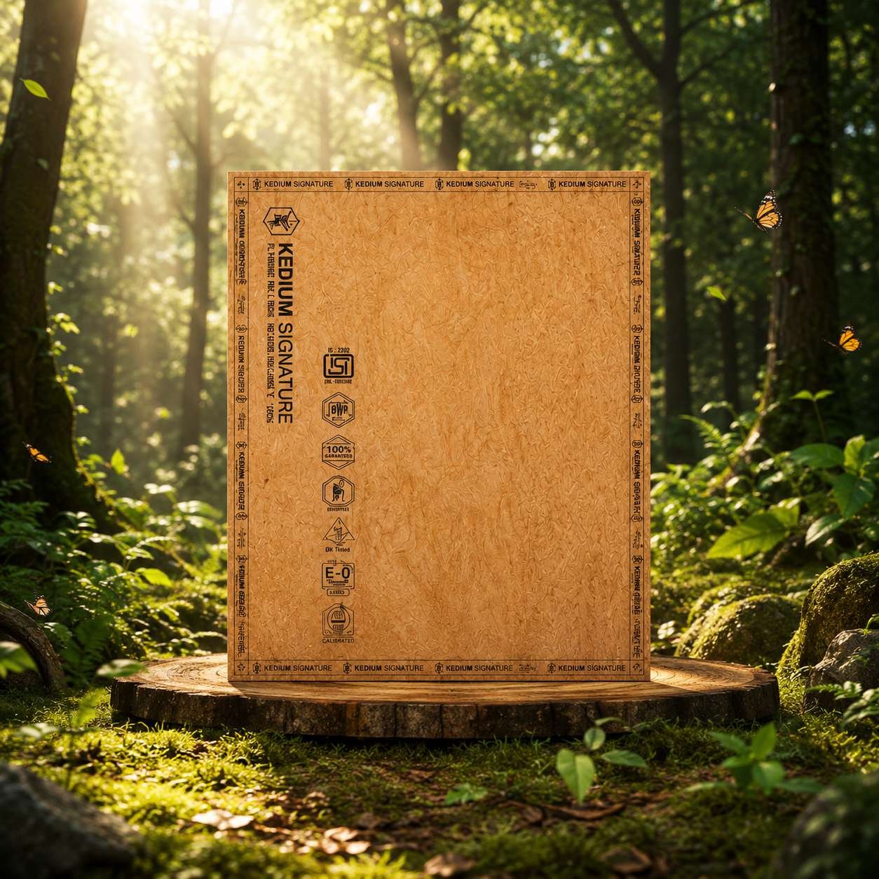 Kedium Signature panel in a forest setting showing full specifications